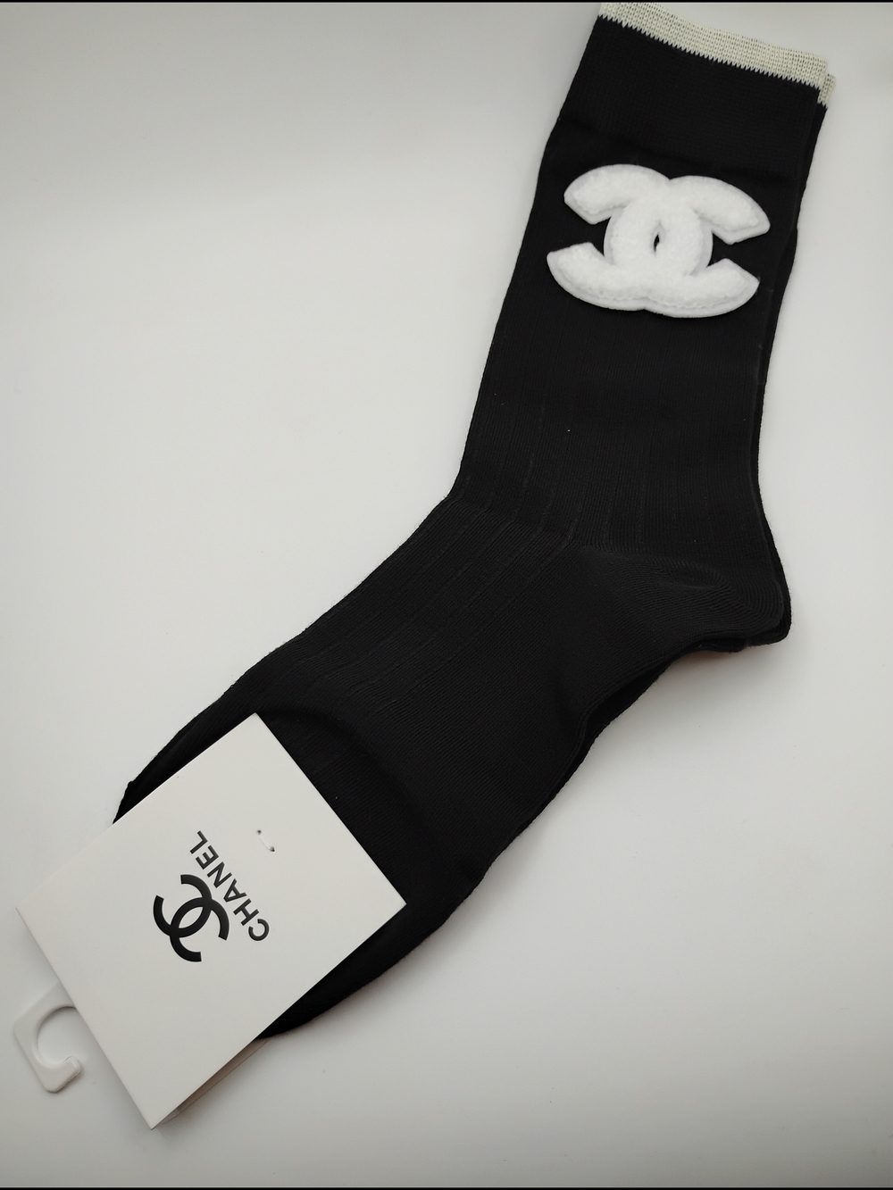 CHANEL Black Crew Socks with White CC Patch - Men - Picture 2 of 3